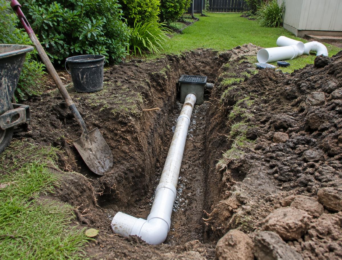 PVC drainage pipe laid in an excavated trench in a suburban garden