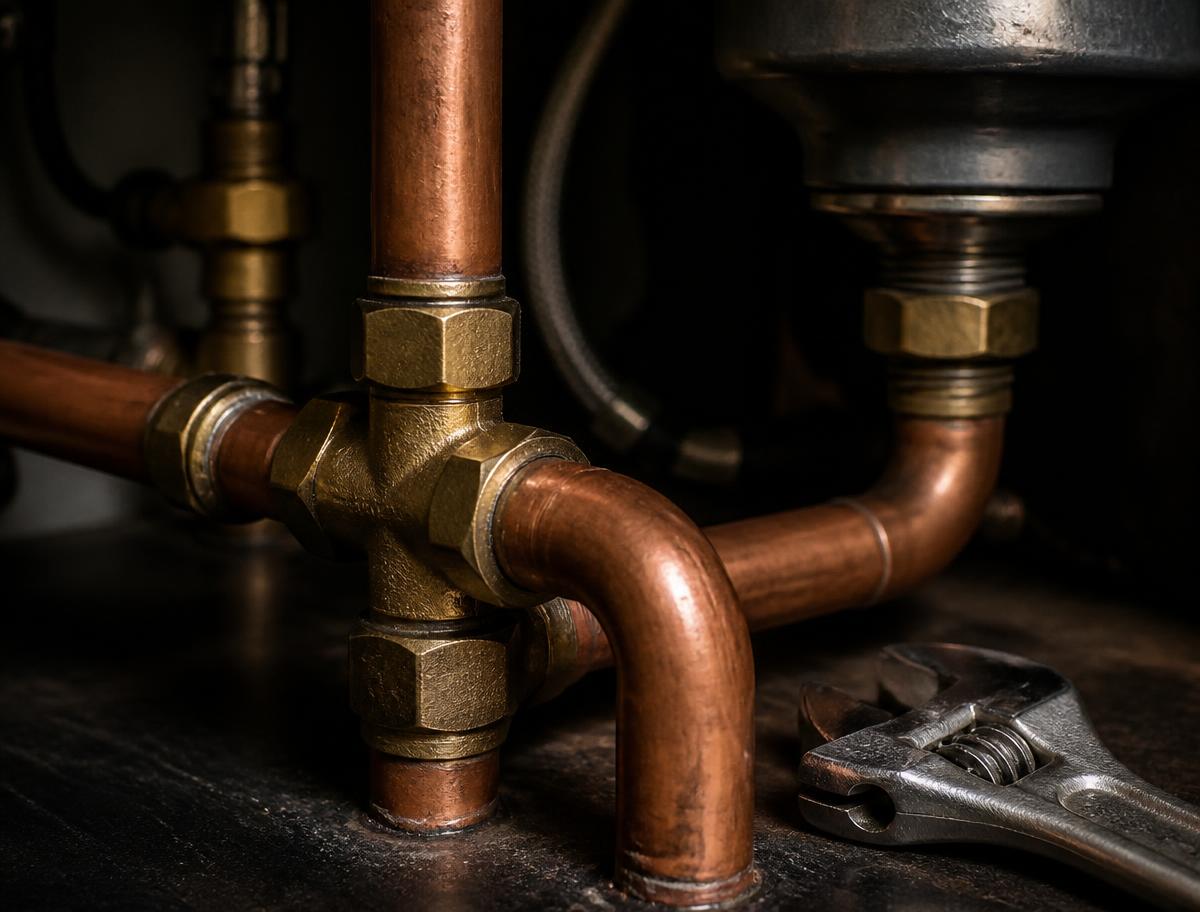 Copper pipework and brass fittings under a sink with an adjustable wrench